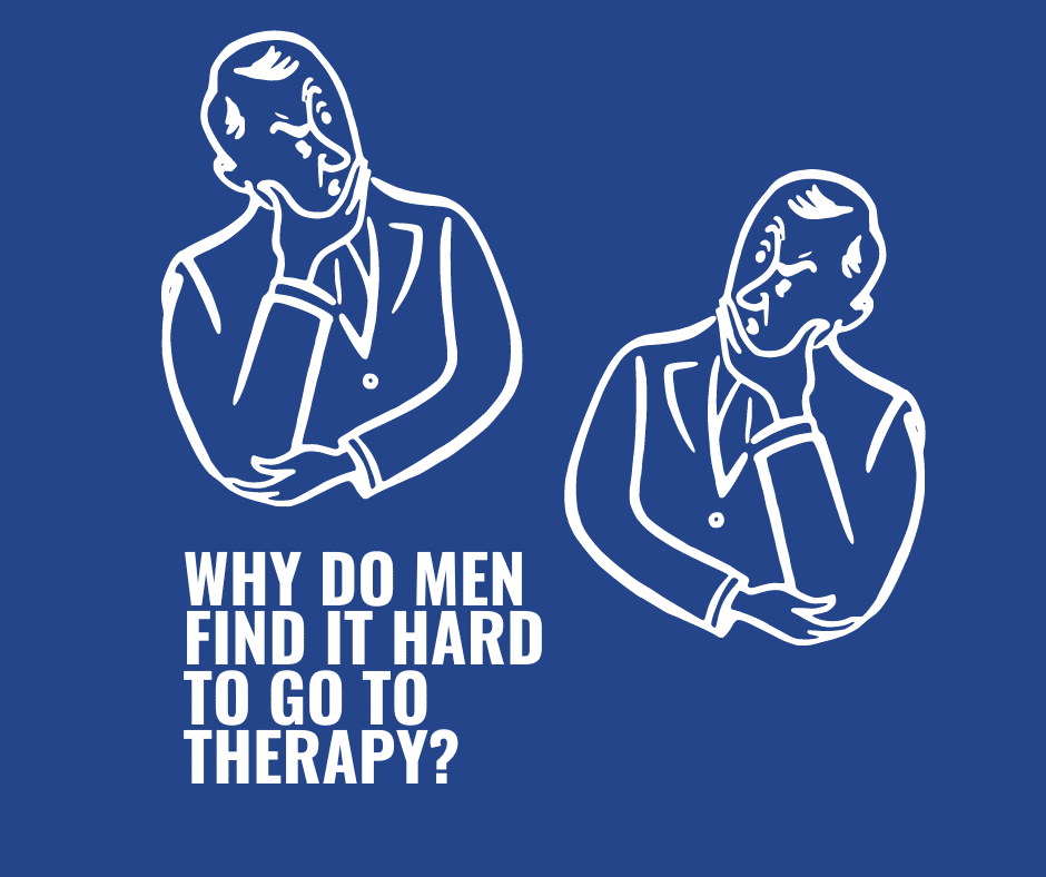 Blue Modern Thinking Man Illustration asking why men don't go to therapy?