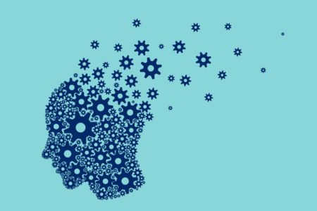 Vector of a human head brain breaking into small gear mechanisms