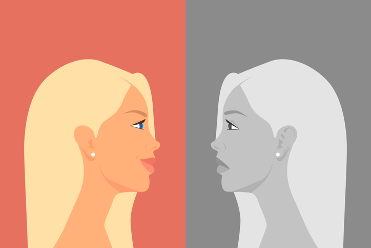 Vector Cartoon in Flat Style of a young Woman with her reflection