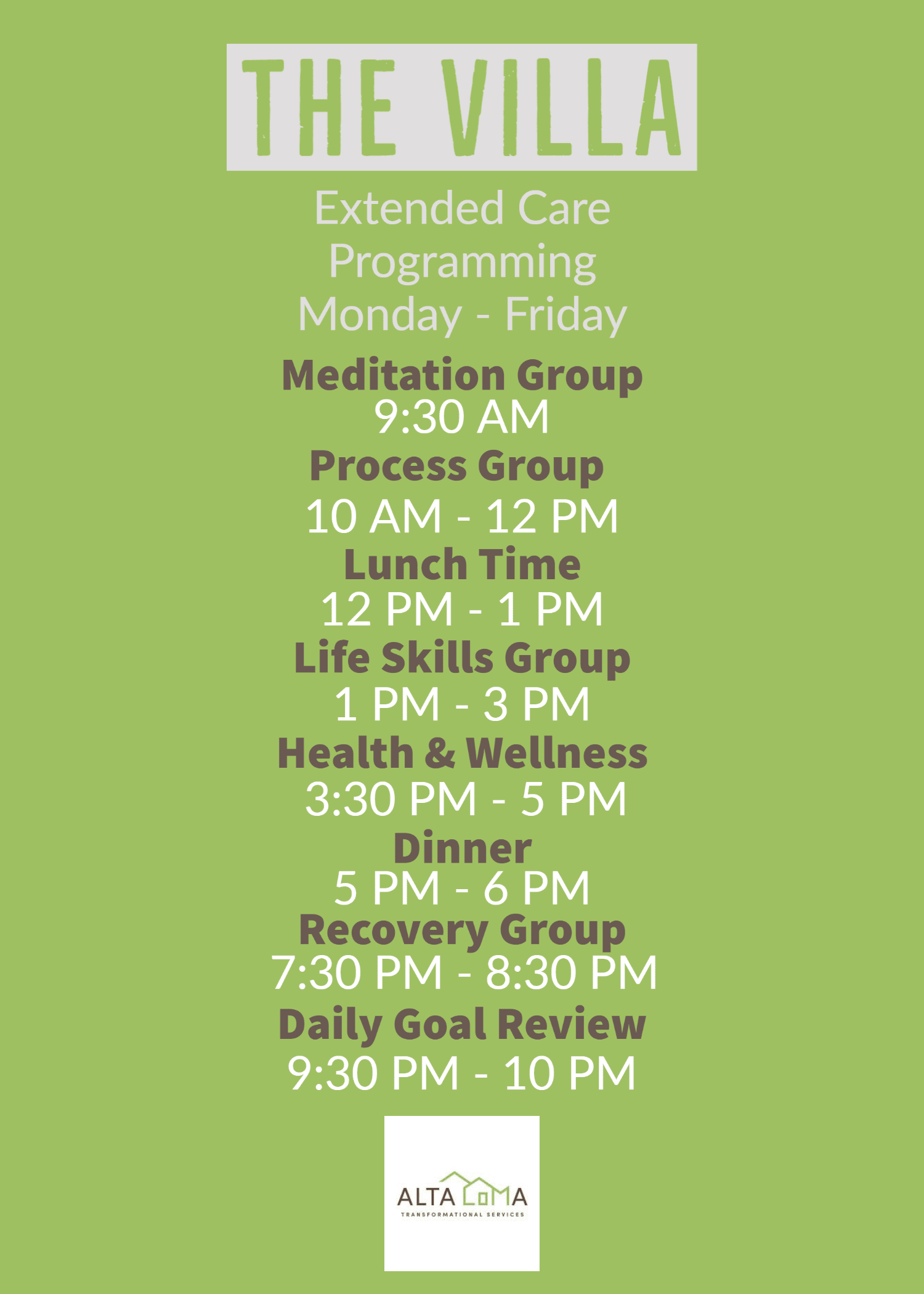 The Villa Extended Care Schedule