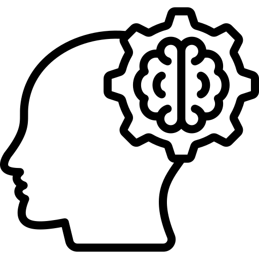 Line illustration icon of a head in profile with a detailed brain graphic