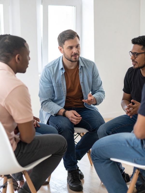 Two people sitting across from each other in an outdoor therapy or conversation setting